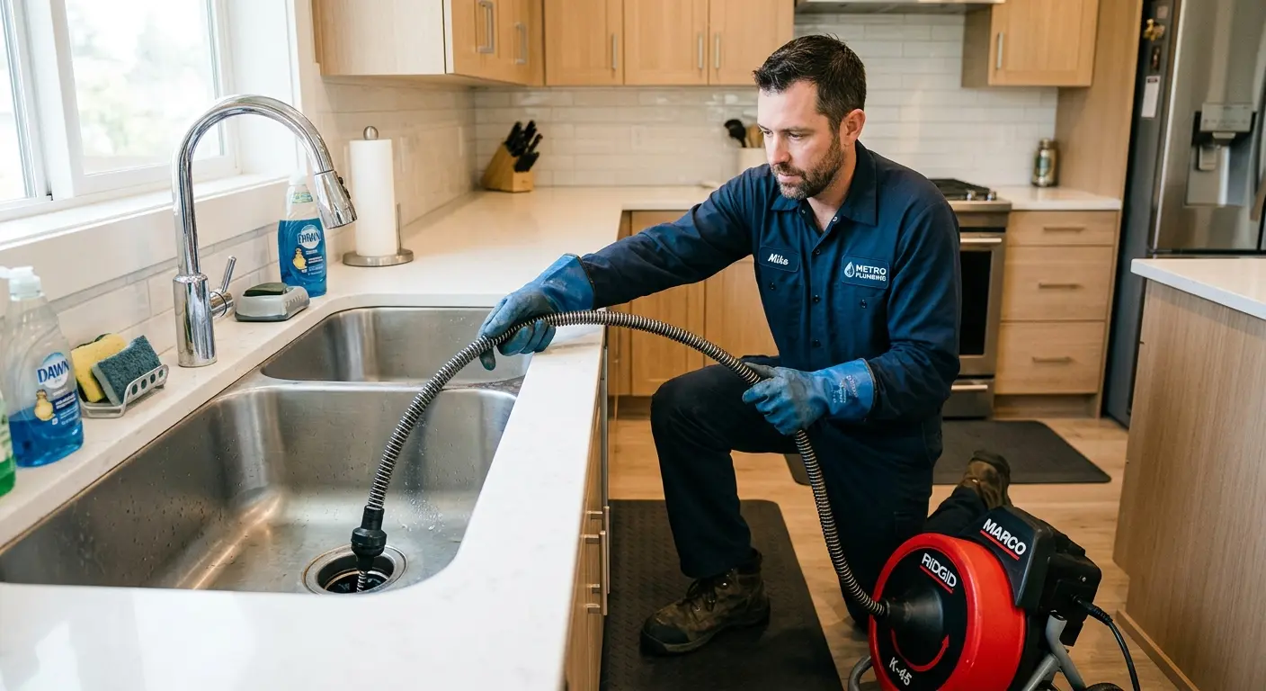 Drain cleaning technician using a motorized snake on a kitchen sink in Taylorsville