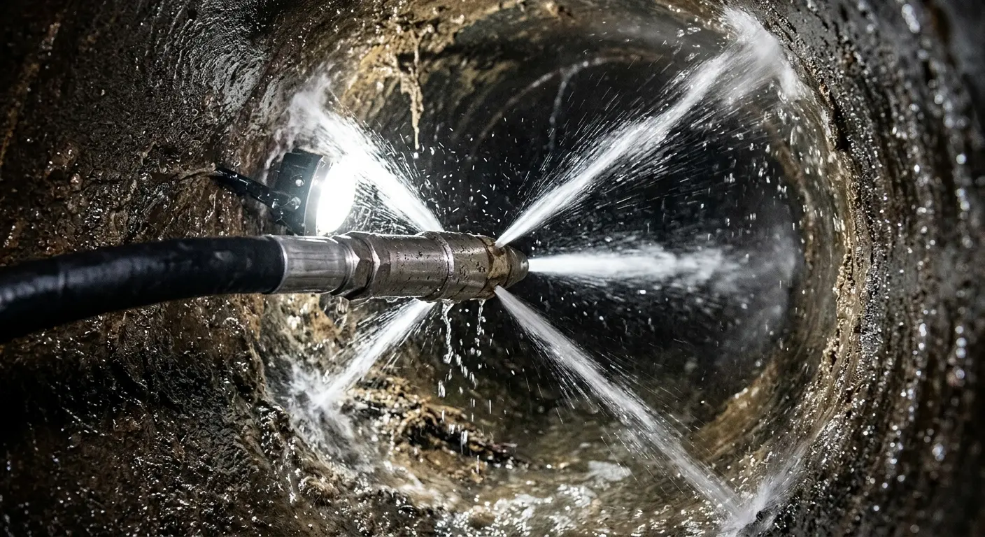 High-pressure hydro jetting nozzle cleaning sewer pipe for Emergency Drain Service in Taylorsville
