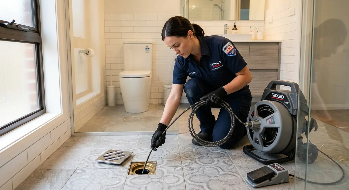 Technician clearing a bathroom floor drain for Drain Repair in Taylorsville
